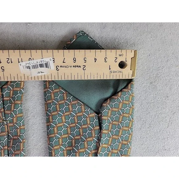 Hermes Men's OS Designer Necktie 100% Silk Green Gold Print Business Work Tie